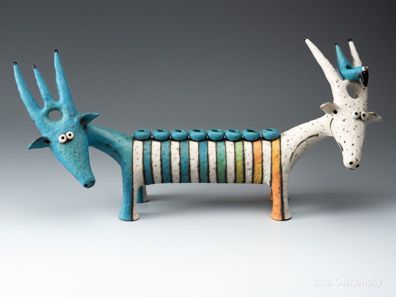 Menorah for Hanukkah ceramic sculpture goat menorah clay figurine handmade image 2