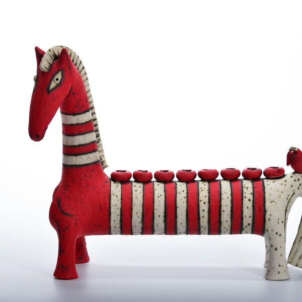 original horse ceramic sculpture menorah Hanukkah from Israel,  red horse ceramic art, red and white horse with the bird, Inna Olshansky