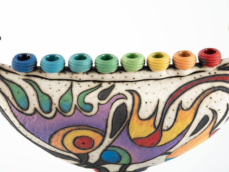 Ceramic colorful menorah Hanukkah sculpture flowers menorah original decorative menorah Jewish holiday image 4