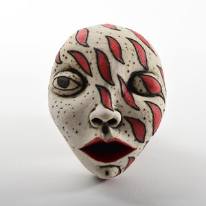 fantasy art face mask wall decor, original art sculpture ceramic mask, wall decor ceramic art, red and white design,