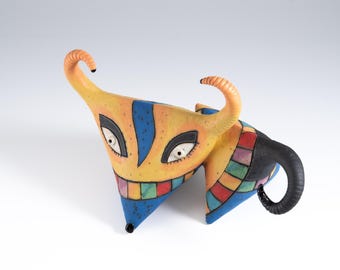 Ceramic Sculpture Orange Creature  - Hand Made Colorful Figurine - Ceramic Art