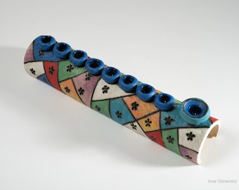 Ceramic colorful handmade menorah Hanukkah