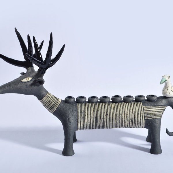 deer - black deer - hand made menorah - ceramic menorah  - ceramic deer  - menorah  - hanukkah menorah -  - deer sculpture - Israeli art