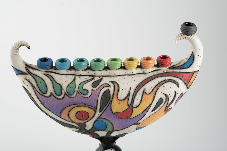 Ceramic colorful menorah Hanukkah sculpture flowers menorah original decorative menorah Jewish holiday image 5