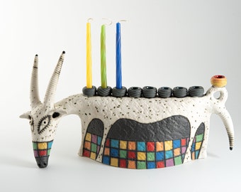 ceramic colorful goat sculpture menorah for Hanukkah - original ceramic goat figure Israeli art by Inna Olshansky
