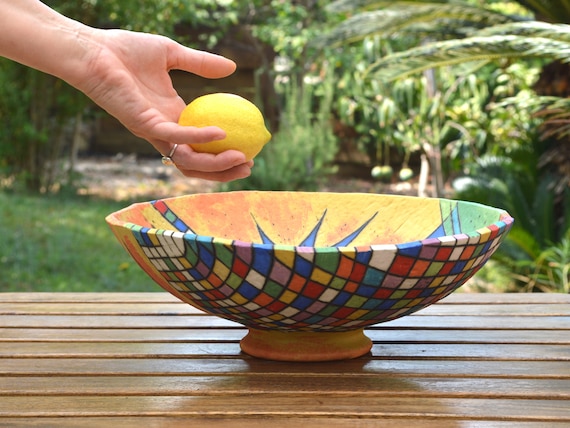 手作り陶器装飾ボウル - カラフルな花柄デザイン、12.9インチ - Etsy 日本