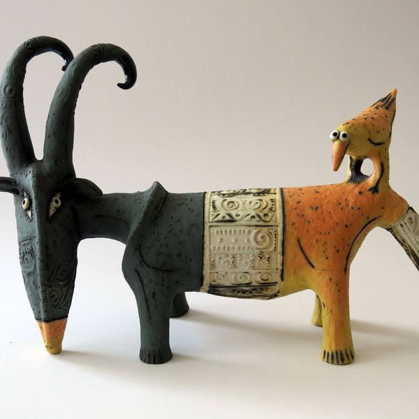 goat - ceramic goat - ceramic sculpture - ceramic art - gray goat - ceramic creature