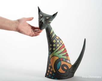 Ceramic sculpture  colorful  sitting cat handmade by Inna Olshansky , ceramic multicolored art object , gray ceramic cat