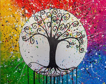 Tableau peinture acrylique pop art arbre de vie coloré 1000 fois merci la vie!