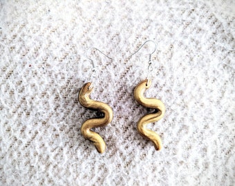 Snake Polymer Clay Earrings, cute squiggle sculptural earrings, new summer accessory, gold original gift, Animal themed drop earrings