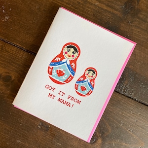 Russian Doll Mothers Day Card - Carte Babushka Hip Hop faite à la main avec lettrage en aluminium