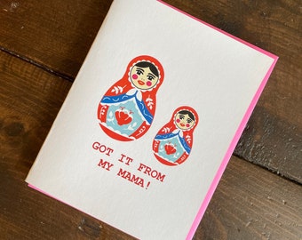 Russian Doll Mothers Day Card - Handmade Hip Hop Babushka Card with Foiled Lettering