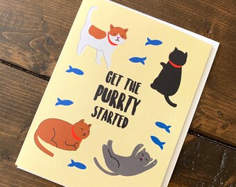 Purrty Time Cat Birthday Card - A2 Handmade Birthday Fat Cat Kitten Lovers Party Punny Card with foiled lettering