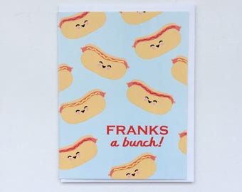 Hot Dog Thank You Card - Hot Dog Art, Weiner Sausage Franks Card, Cute Thank You Card, Punny Thank You Card