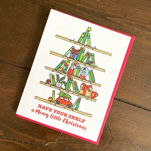 Carte de Noël d’étagère de livre - Carte A2 faite à la main pour les écrivains, carte de Noël des amateurs de livres, carte de chant de Noël, lettrage en aluminium