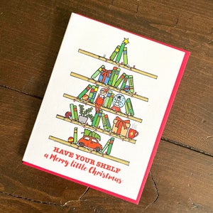 Book Shelf Christmas Card - A2 Handmade Card for writers,  Book Lovers xmas card, Christmas Carol punny card, foiled lettering