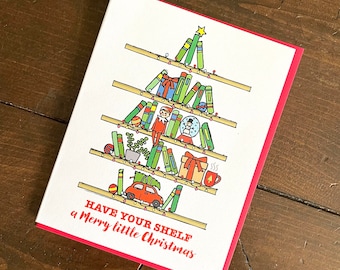 Book Shelf Christmas Card - A2 Handmade Card for writers,  Book Lovers xmas card, Christmas Carol punny card, foiled lettering