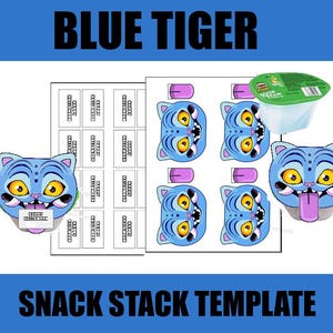 May include: A blue tiger-themed snack stack template with the text "BLUE TIGER" at the top. The template includes several blue tiger face cutouts, snack labels that say "HAPPY HALLOWEEN", and a container of sour cream.