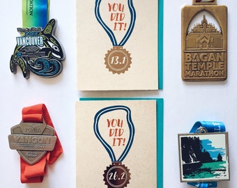 Marathon Runner Congratulations Card, Half Marathoner Card, Runner Medal Card, Finisher Medal 26.2 miles, 13.1 miles card