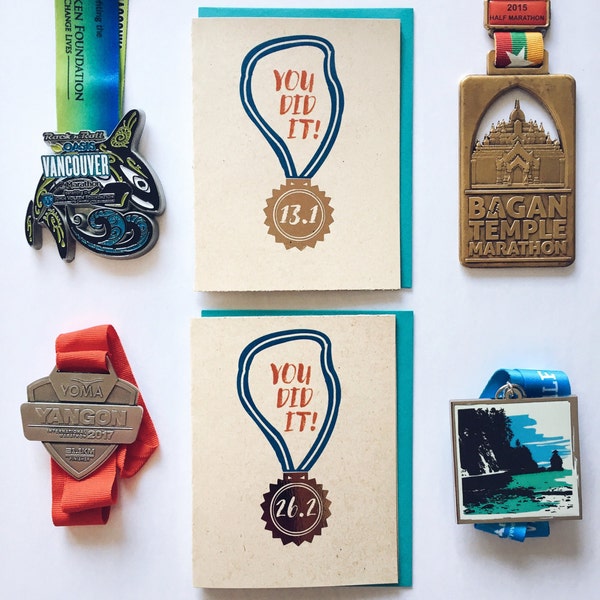 Marathon Runner Congratulations Card, Half Marathoner Card, Runner Medal Card, Finisher Medal 26.2 miles, 13.1 miles card