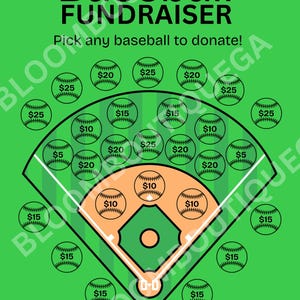 May include: A green baseball fundraiser graphic with a baseball field design. The text reads "Baseball FUNDRAISER" and "Pick any baseball to donate!". Baseball graphics are labeled with donation amounts, ranging from $5 to $25. The text "Thanks so much for your support!" is at the bottom.