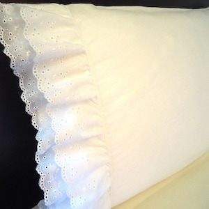 King DOUBLE RUFFLE Eyelet Lace Pillowcase or Sham (2) White 100% Cotton Sateen 300TC Custom New