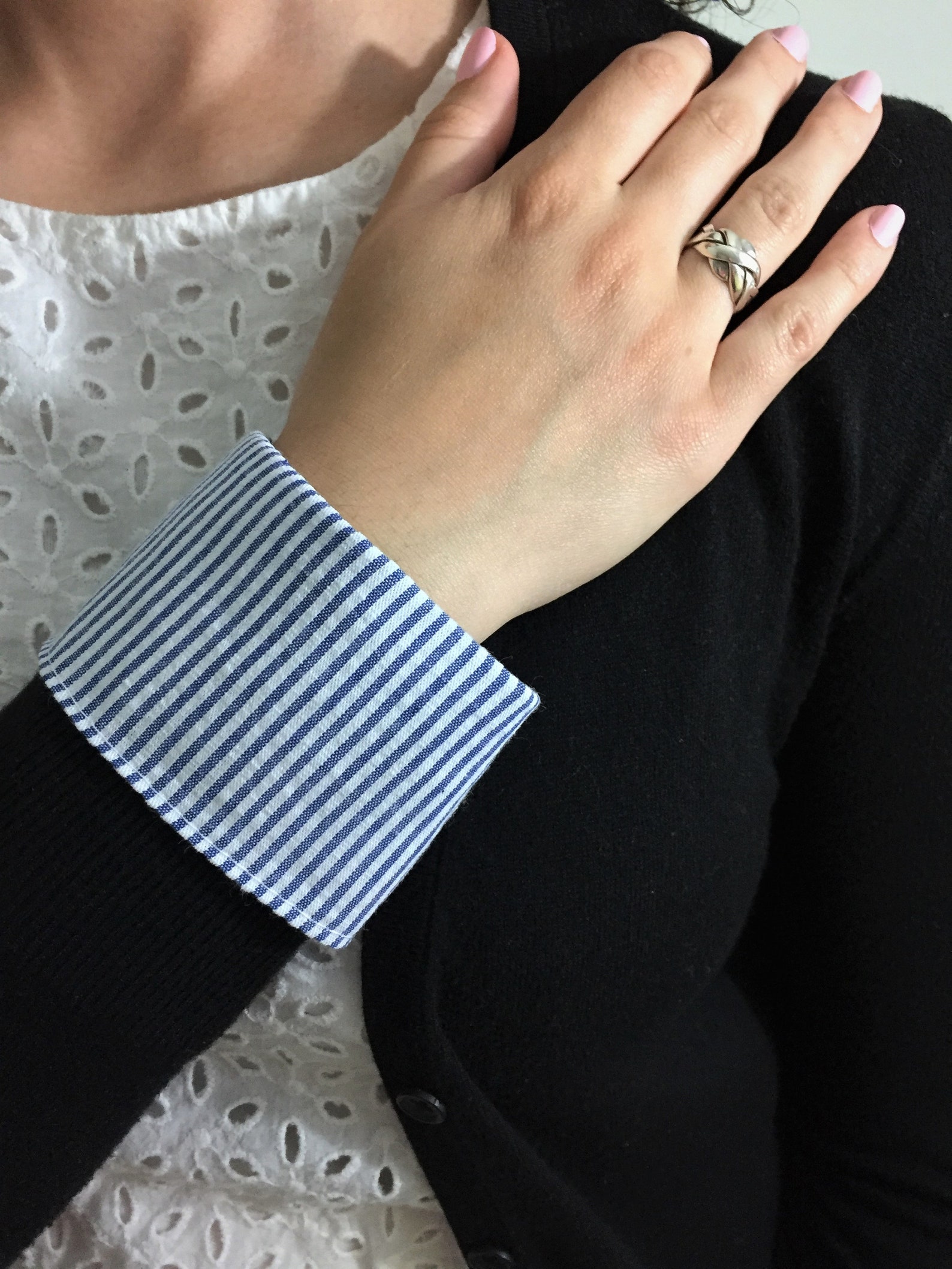 WRIST CUFFS 2 French Cuffs, Blue Stripe, Detachable, Removable, Sleeve