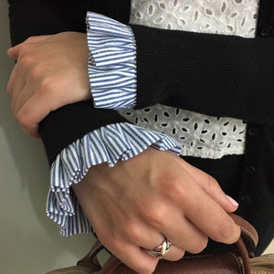 RUFFLE CUFFS (2) Blue Stripe, Detachable Wrist Cuffs, Seersucker Cuffs, Removable Shirt Cuffs, Fashion Cuffs, Office Cuffs, Faux Cuffs