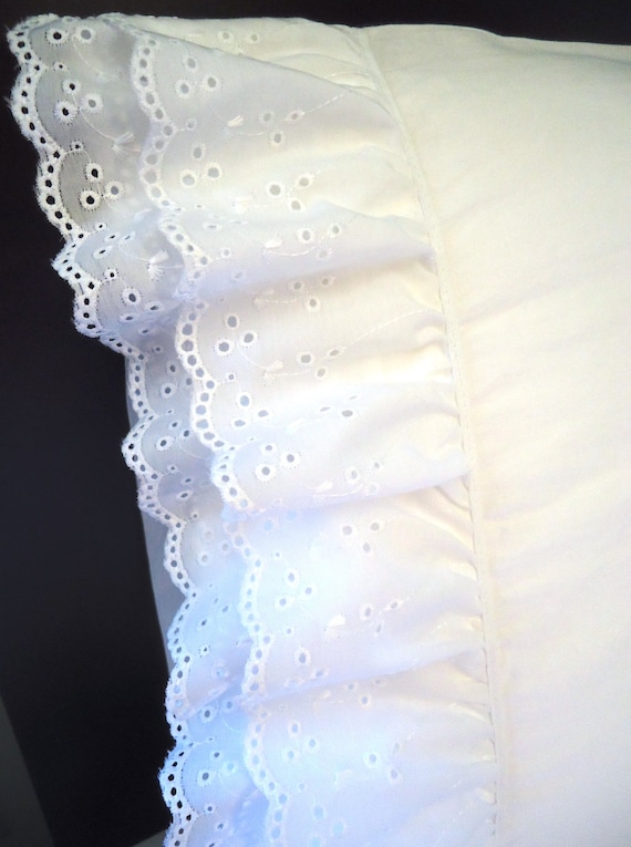 Double Ruffle Eyelet Lace Pillowcases 2 Standard White Cotton Blend Embellished New Etsy