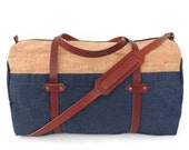 Cork and Denim Sturdy Weekender Bag with Leather Straps and Exterior Pockets