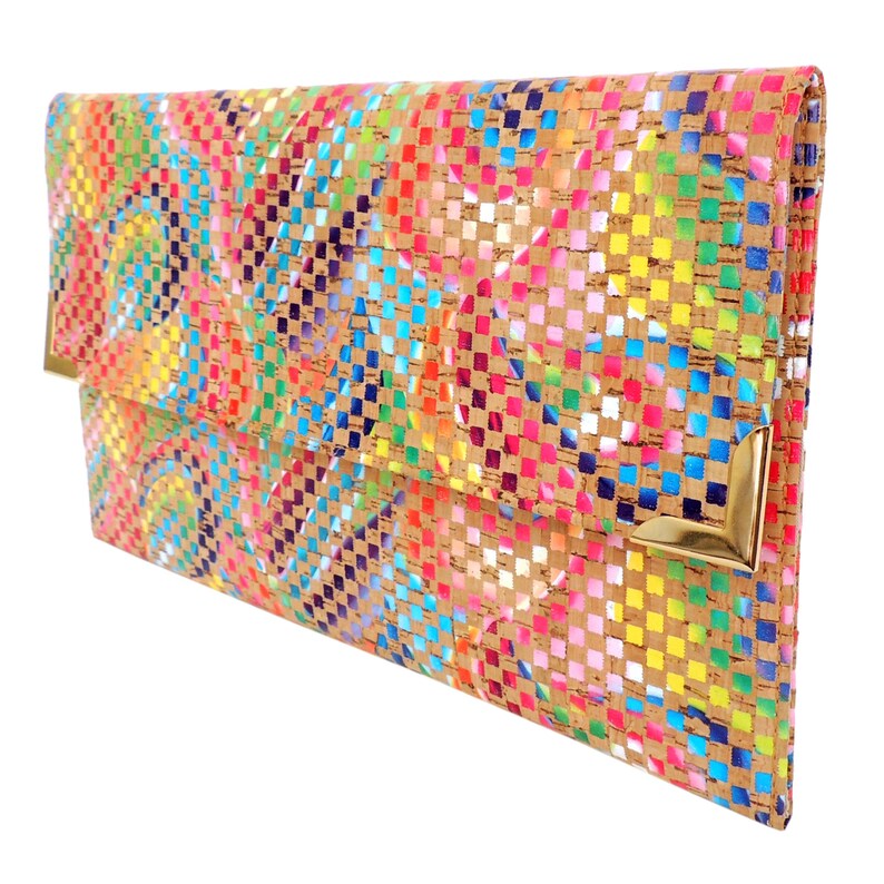 Colorful Cork Folio Clutch Oversize Fold Over Clutch Structured Clutch by Spicer Bags Vegan Evening Bag