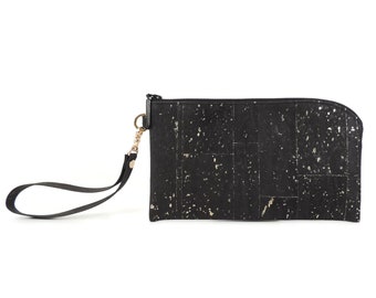 Mini Clutch Wallet, Cork Phone Wristlet, iPhone Zippered Purse, Phone Wristlet, Zip Top Black Clutch, by Spicer Bags