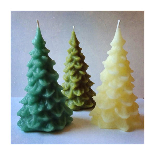 Three Large Christmas Tree Candles, Beeswax Candle, Ornaments, Pine Tree Candle, Holiday Decor, Christmas Candle, Red and Green Trees