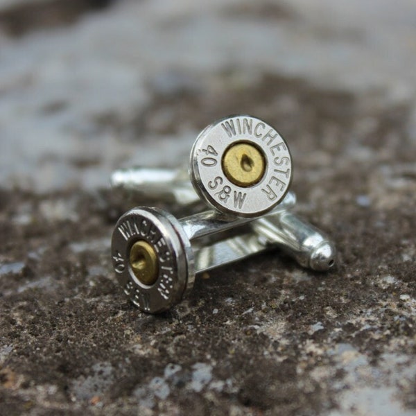 40 S&W Nickel Plated Ammo Silver Cuff Links, Groom's Gift, Father's Day Gift, Genuine Ammunition, Classy Steampunk