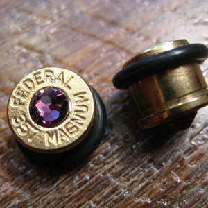 38スペシャル/357マグナム00イヤーゲージ弾薬耳栓（9.5mm）、スワロフスキー誕生石クリスタル付きアップサイクル弾薬