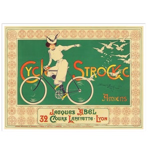 Puede incluir: Un anuncio vintage para bicicletas Cycloc Strockc. El anuncio presenta a una mujer montando una bicicleta con un fondo verde y un borde amarillo. El texto del anuncio dice "Cycloc Strockc Amiens Jacques Abel 32 Cours Lafayette - Lyon".