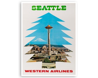 Könnte beinhalten: Ein Vintage-Reiseposter, das für Seattle, Washington wirbt. Das Poster zeigt einen stilisierten immergrünen Baum mit Blick auf das Space Needle und den Mount Rainier im Hintergrund. Der Text "SEATTLE" steht in grünen Buchstaben oben auf dem Poster, und "WESTERN AIRLINES" steht in roten Buchstaben unten.