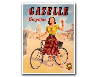May include: Vintage advertisement for Gazelle Bicycles. The image features a woman in a yellow top and striped skirt standing next to a blue bicycle. The text "GAZELLE Bicycles" is displayed at the top of the image, with a logo at the bottom.