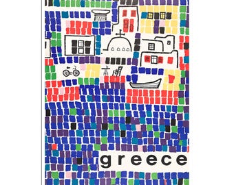 Greece Travel Poster Greek Art Mosaic Print (H1829)