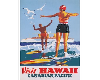 Vintage Poster Hawaii Travel Decor Surfing Art Retro Decor Print (H722)