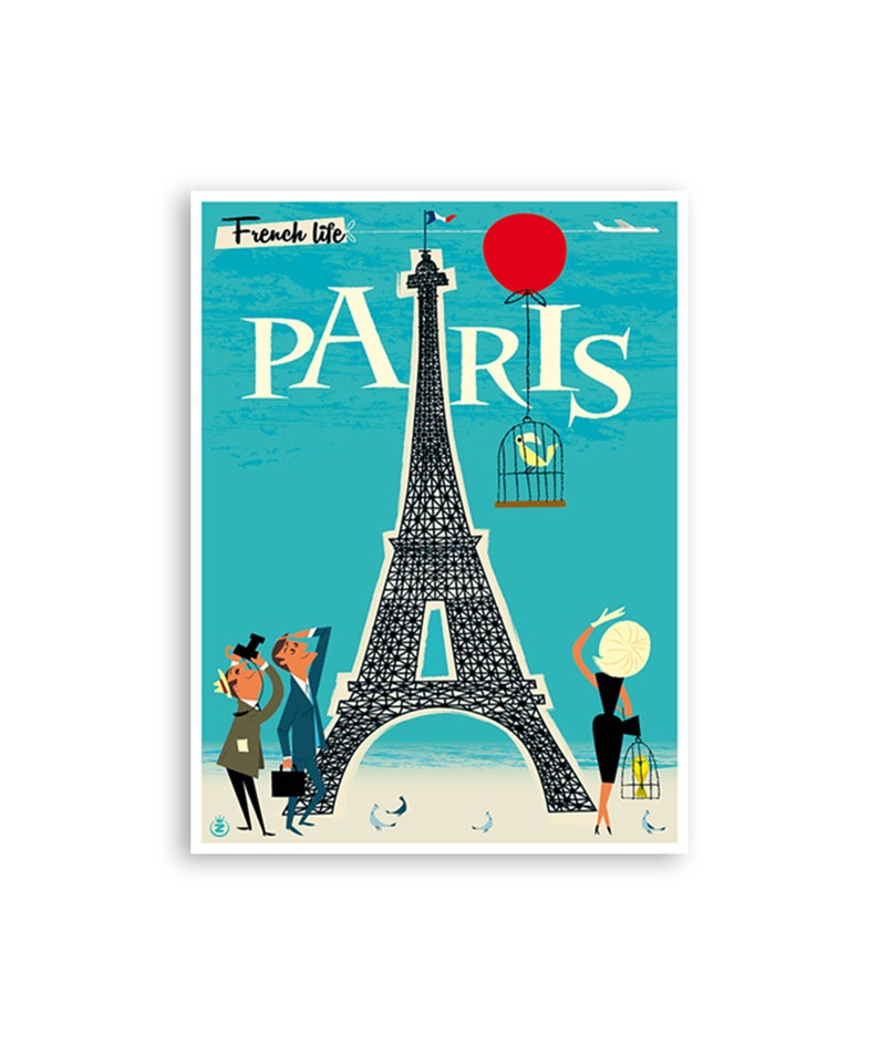 May include: A vintage travel poster featuring the Eiffel Tower in Paris, France. The poster is illustrated in a mid-century modern style with a blue background and the text "French life" and "PARIS" in white.