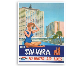 Póster de viaje de United Airlines con impresión artística del Sahara en Las Vegas (H823)a