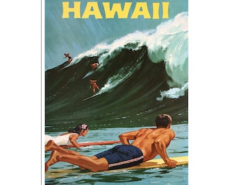 Hawaii Surfing Painting Hawaiian Art Print Travel Poster (H203)a
