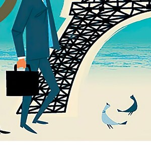 May include: Two men in suits stand in front of the Eiffel Tower, one holding a briefcase. The background is a blue sky and a white beach with three blue birds.
