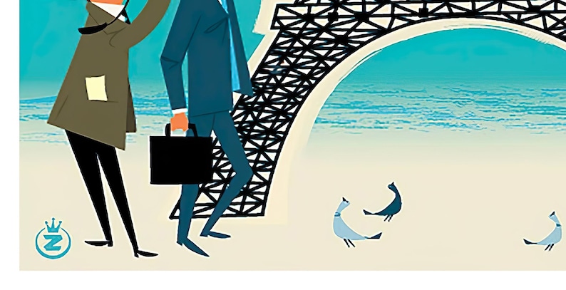 May include: Two men in suits stand in front of the Eiffel Tower, one holding a briefcase. The background is a blue sky and a white beach with three blue birds.