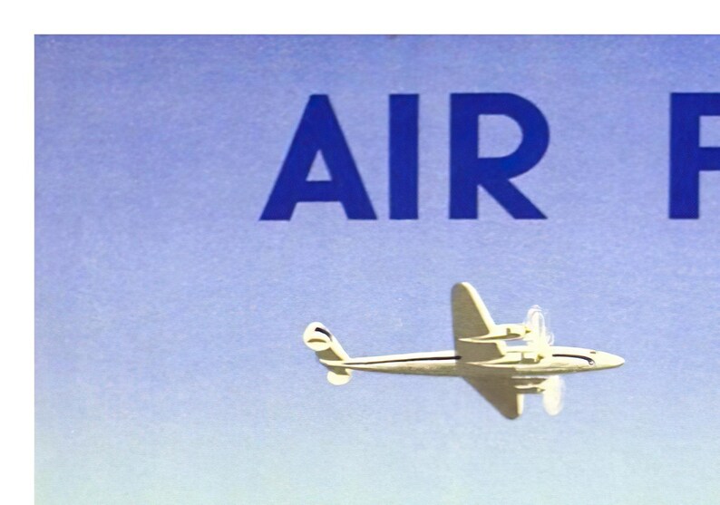 May include: A vintage poster with the text "AIR" in large blue letters against a light blue background. A white airplane is flying in the sky.