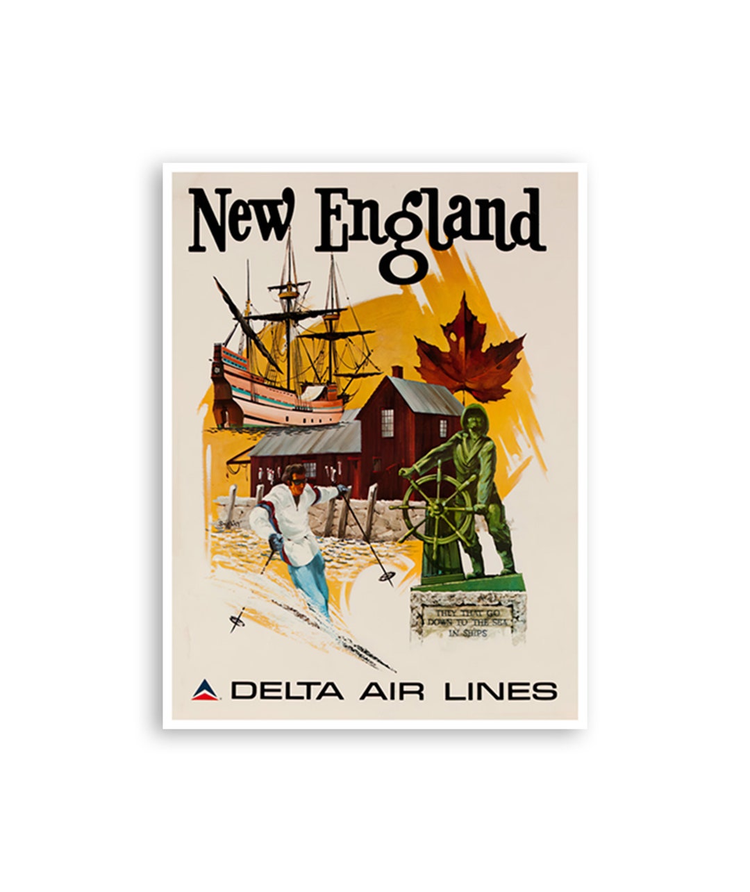 New England Art Delta Airlines Travel Poster Fred Sweney Print h1228a Etsy