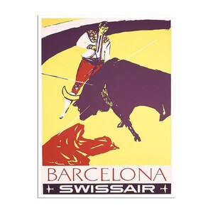 Barcelona Travel Poster Spain Art Bullfighter Print Spanish Decor Swissair (H127)a