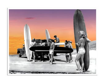Beach House Art Vintage surfen foto ingekleurde surfer posterafdruk (H1699)