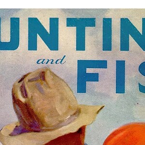 Op de afbeelding: Een vintage tijdschriftcover met de titel "HUNTING and FISH" in blauwe tekst. De tijdschriftcover is gedateerd mei 1935. Een persoon met een bruine hoed is gedeeltelijk zichtbaar in de rechterbenedenhoek van de afbeelding.